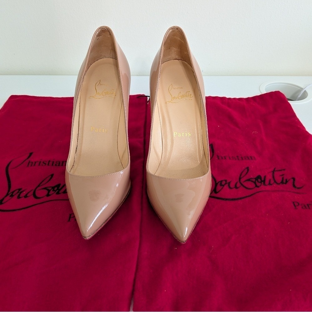 Christian Louboutin Kate 85‎ Nude Patent Leather Pointed Toe Pumps Size EU35